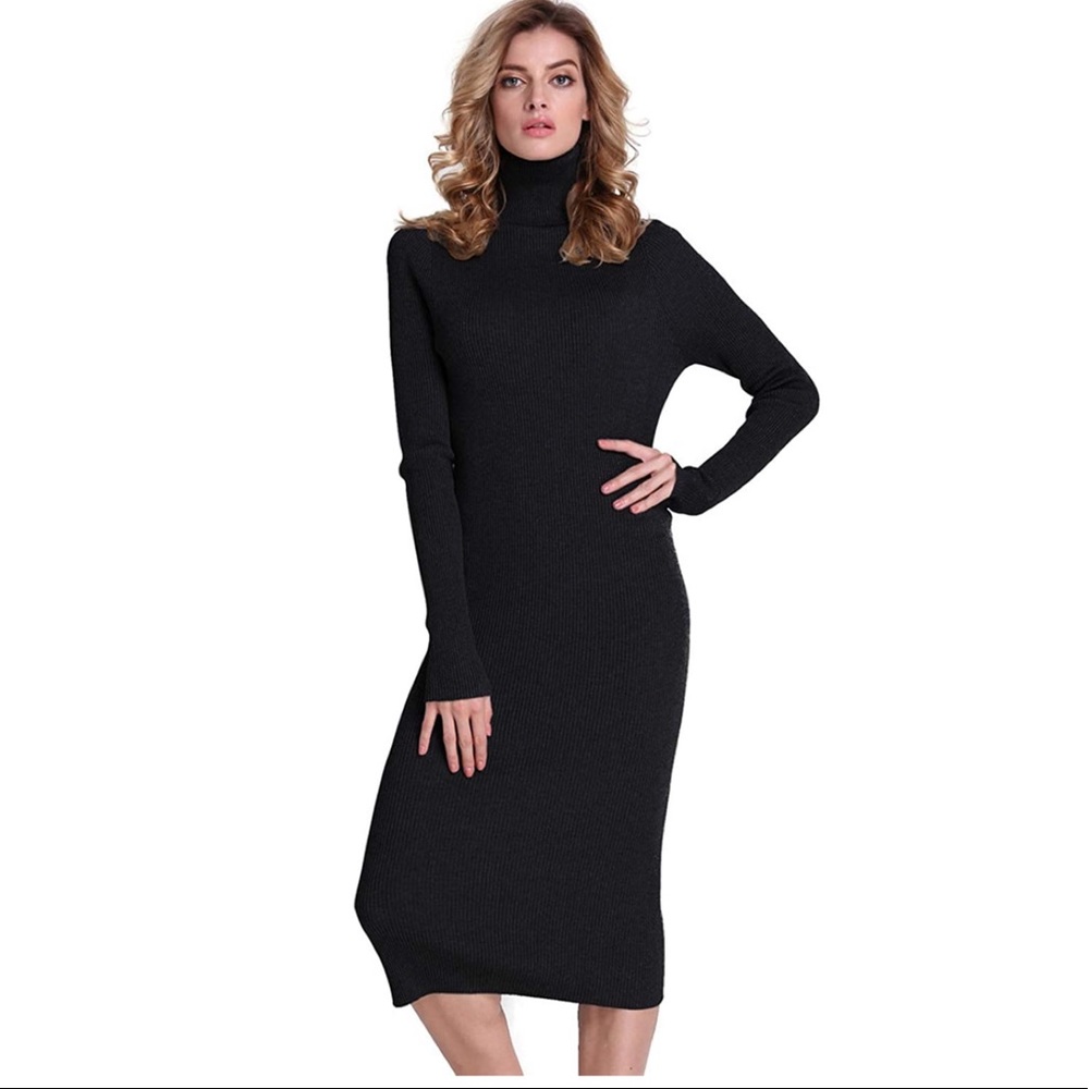 Sweater Dress Turtleneck Ribbed Knit Slim